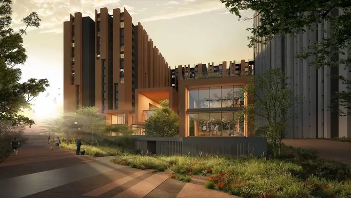 Towers and landscaped walkway